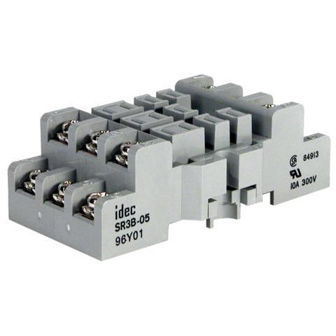 Grey plastic housing that has connection points on the front face. connect to din rail