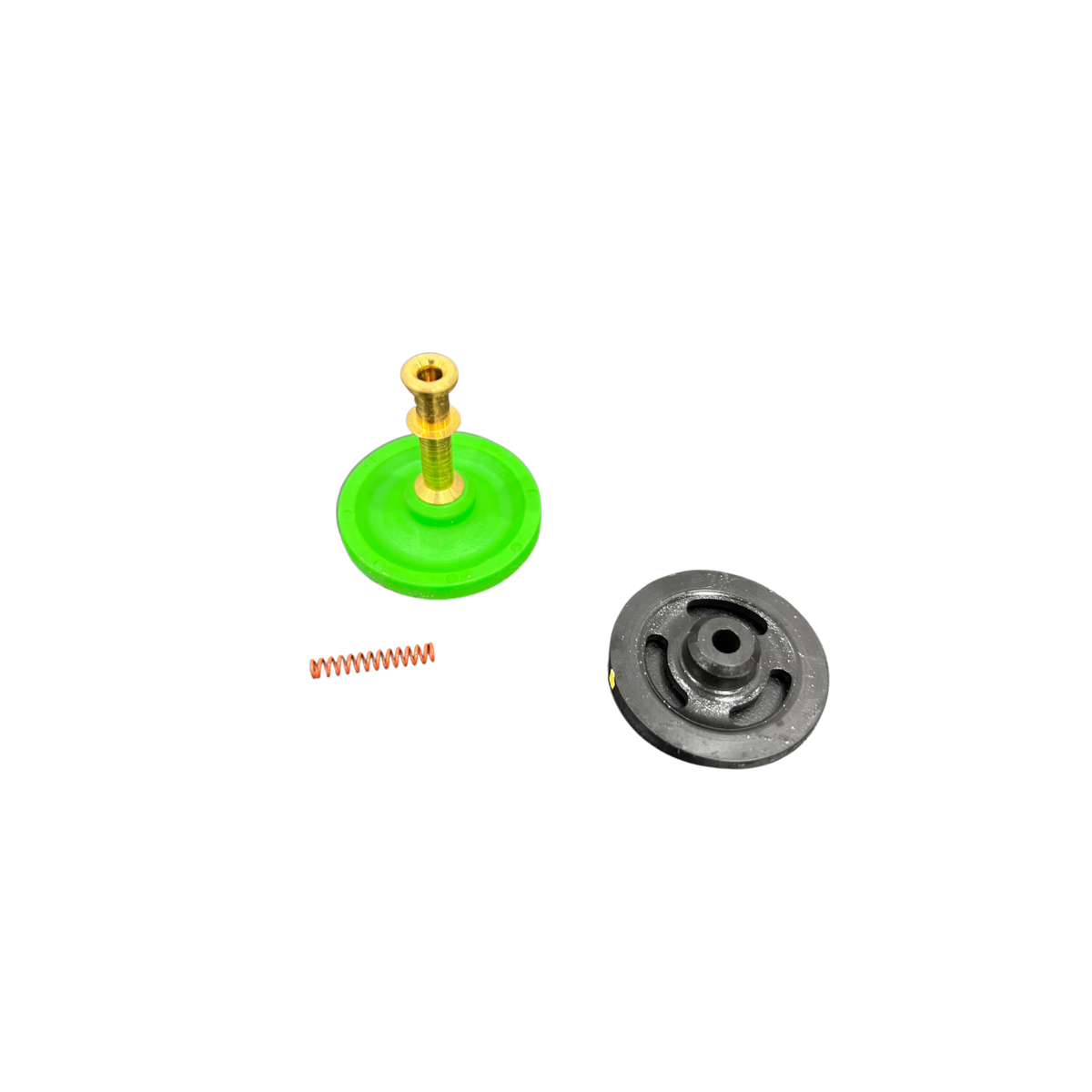 lime green rubber base with metal  stem, black rubber washer and small spring. 