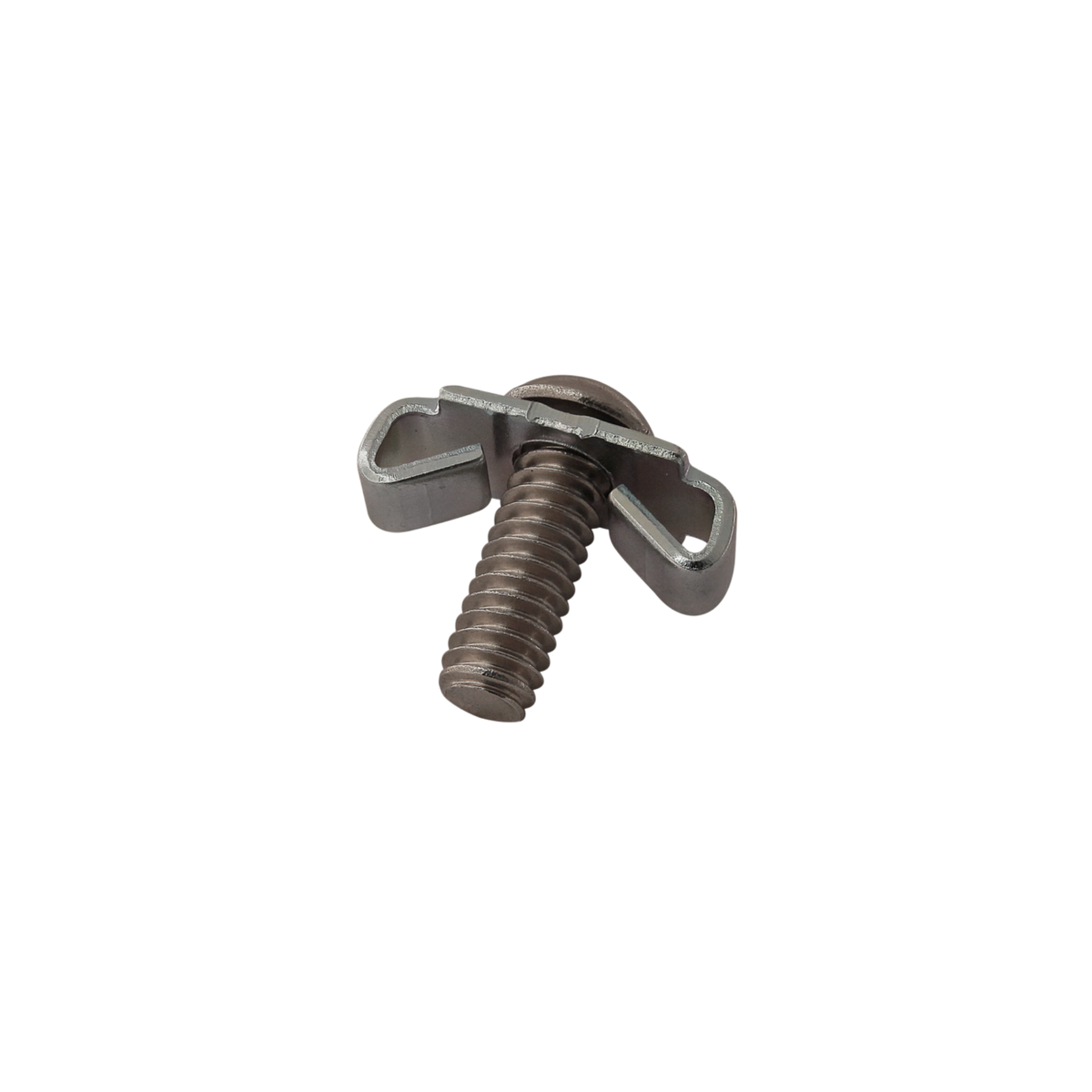 button head screw with the head toward the top and the threading part pointing downward, with a wing clip on the screw