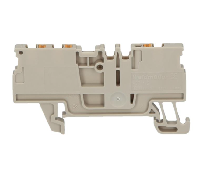 beige, rectangular feed-through terminal with rail mounting on the bottom and multiple grooves on top