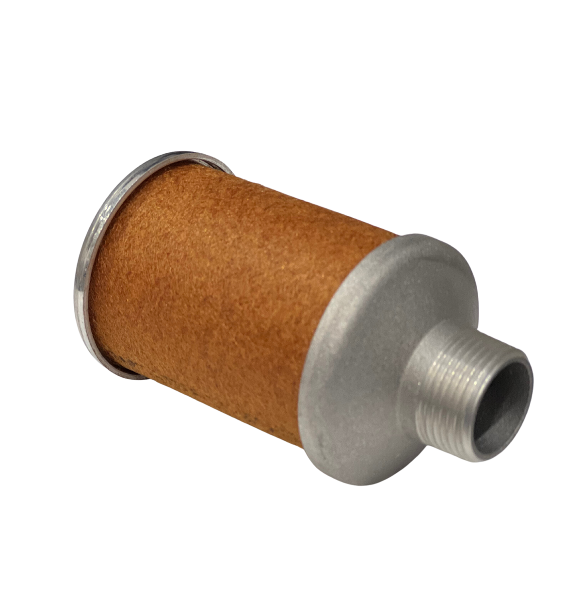 side view of a cylinder shaped intake filter with a brown filter in the center and a threaded port on the right
