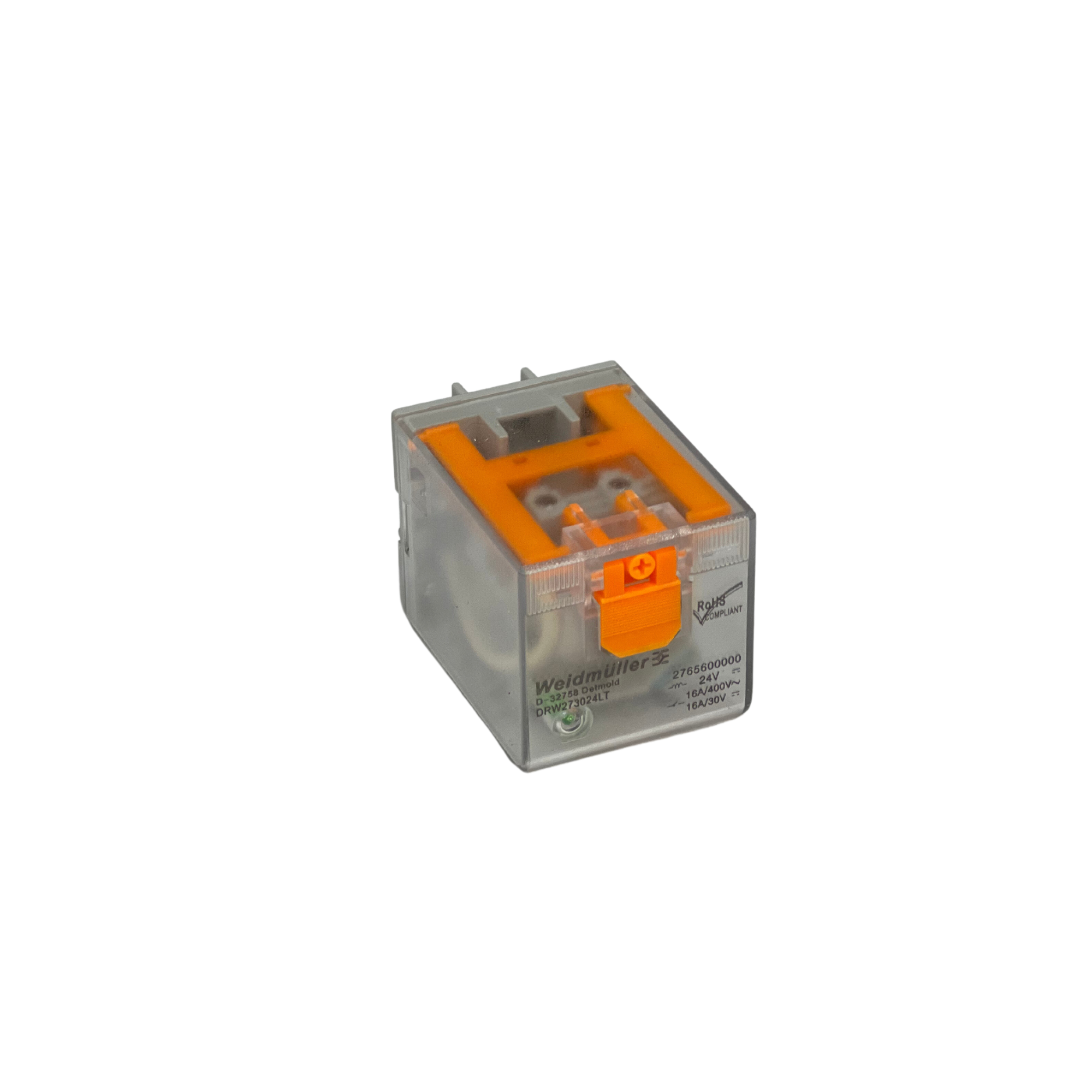 clear cube shaped relay with 4 prongs on back
