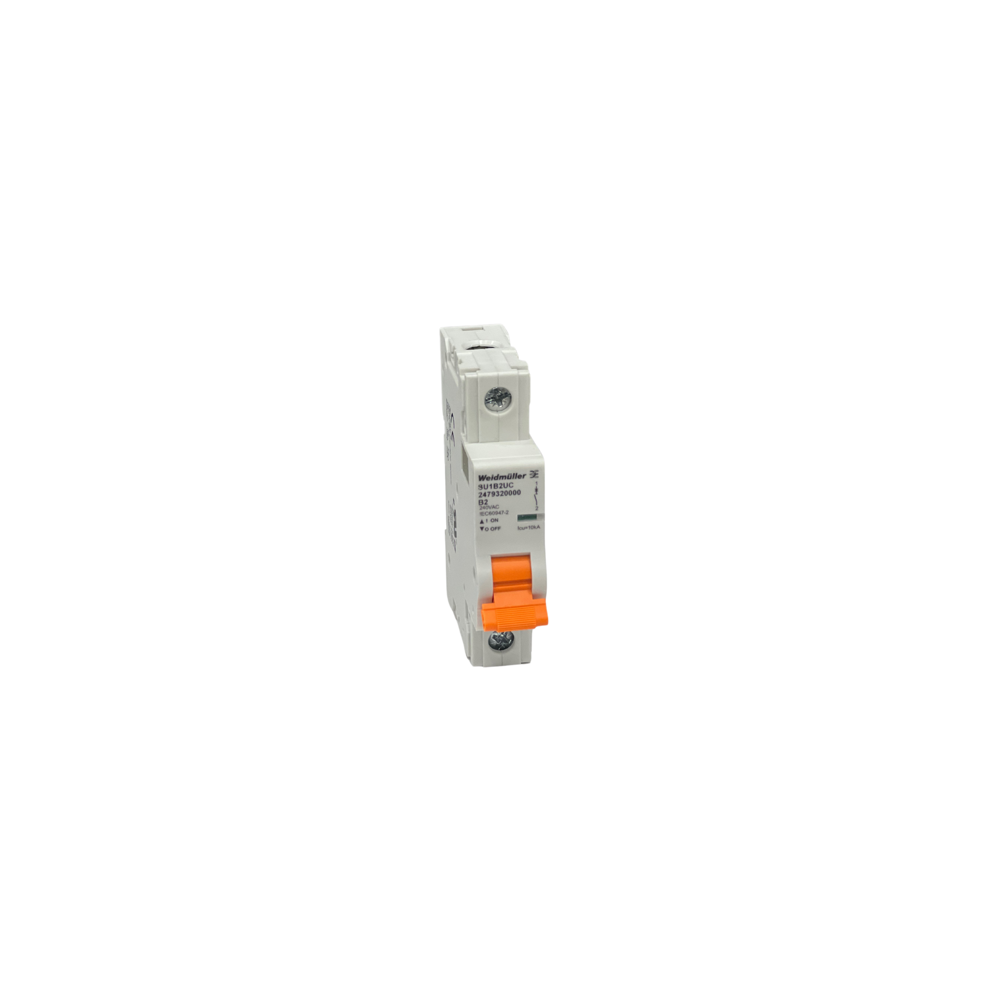 circuit breaker with orange switch and two screws on each side for mounting