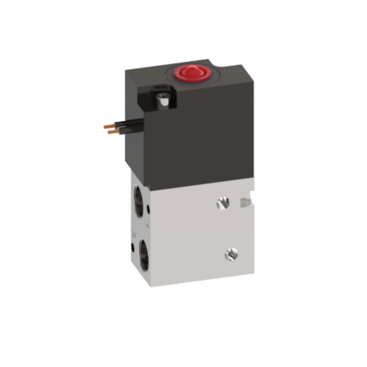 compact, upright, rectangular solenoid valve with two ports on the bottom left and an electrical lead on the top left