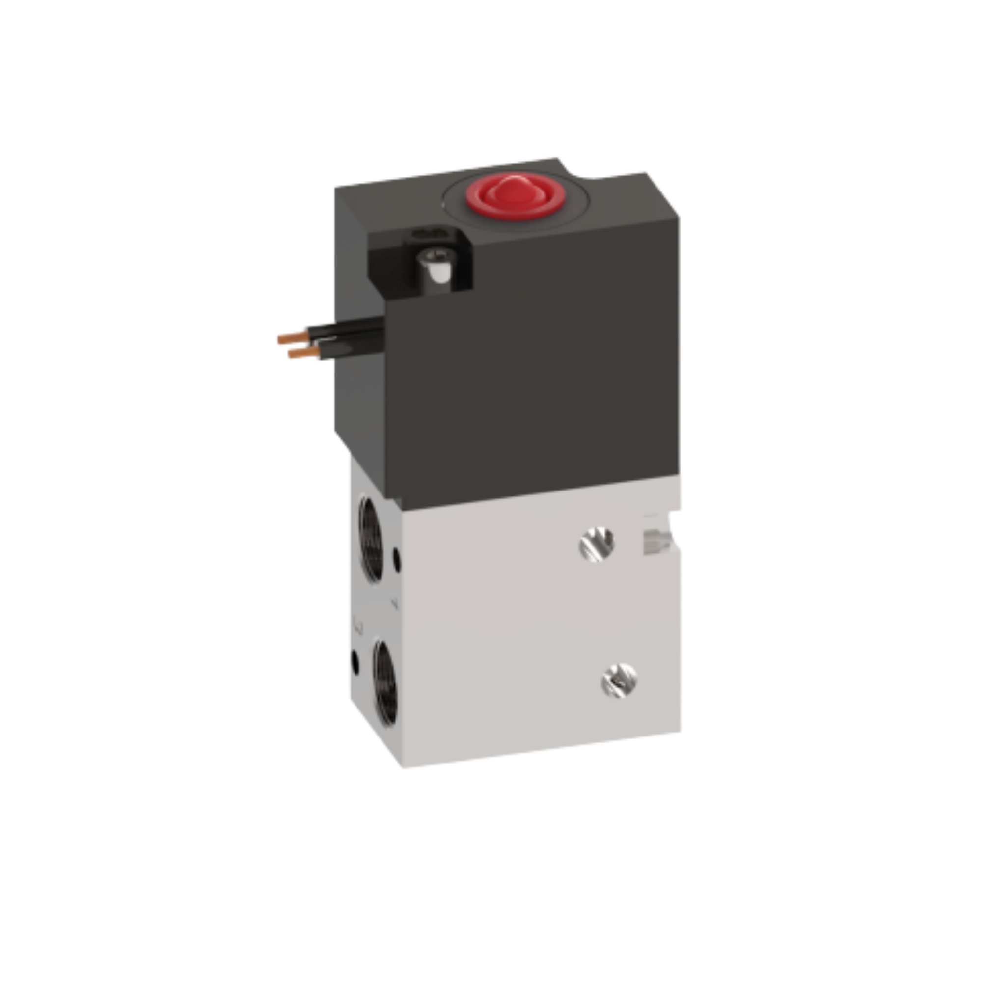 compact upright rectangular solenoid valve with two ports on the bottom left and an electrical lead at the top left