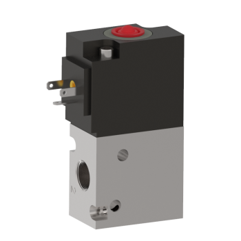Compact, upright, rectangular solenoid valve.  Aluminum base on the bottom and a black material on the top half.  A port on the bottom left side, and an electrical plug on the top left side