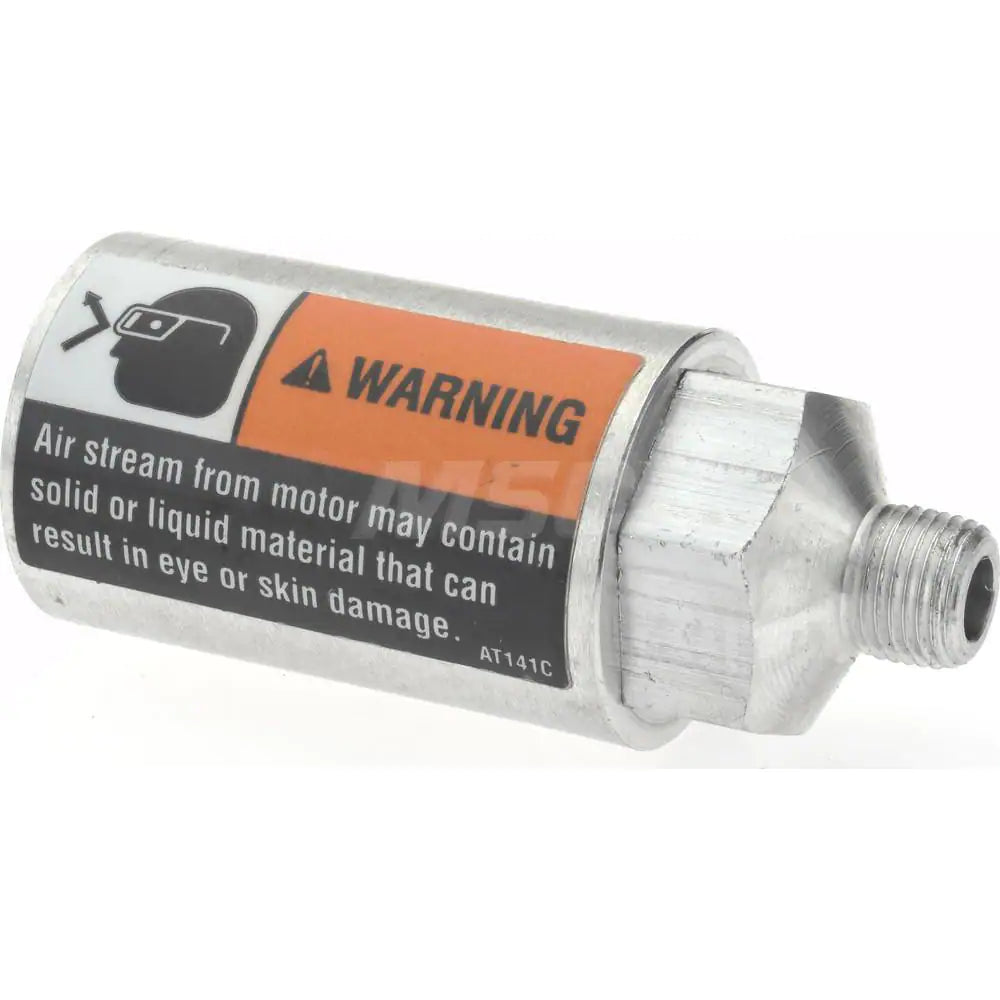 side view of a muffler assembly with a warning label across the assembly
