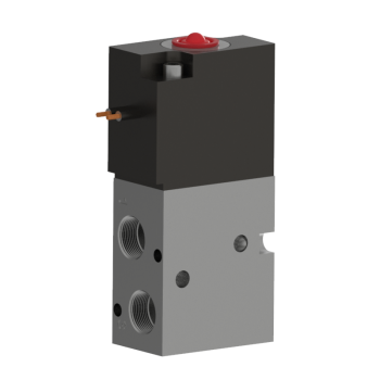 compact upright rectangular solenoid valve with an aluminum base with two ports on the left and a black material at the top with an electrical lead at the top left