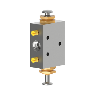 rectangular metal valve with a port in the center on the left, a screw and yellow collar at both the top and bottom of the valve