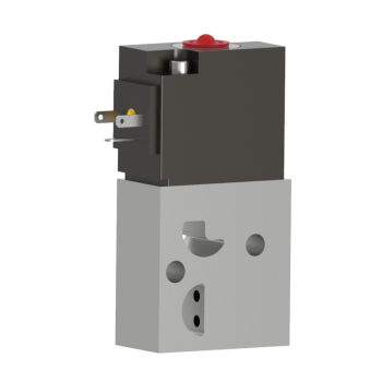 upright rectangular solenoid valve with aluminum on the bottom, black housing on the top, and electrical plug on the top left and a red tab on the top