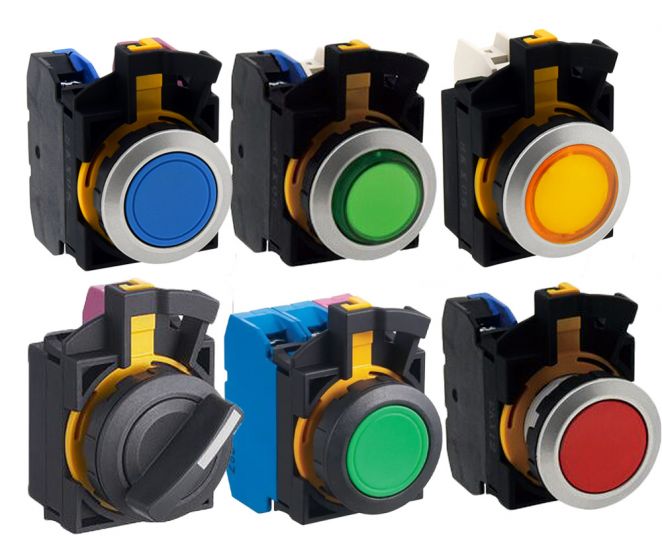 image of six pushbutton units with black housings, and blue, green, yellow, or red pushbuttons