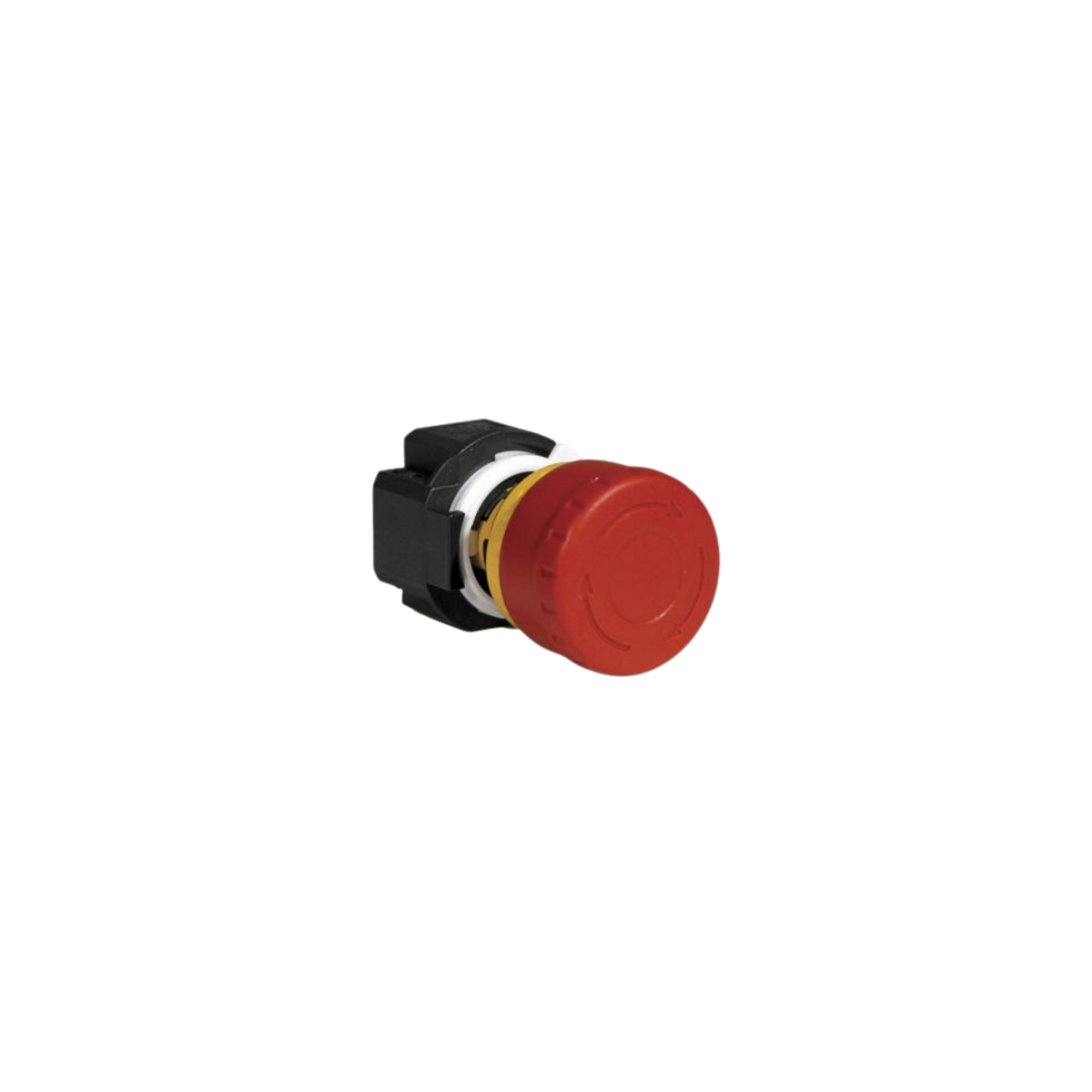 front side view of a stop button with black housing and a red button in the front
