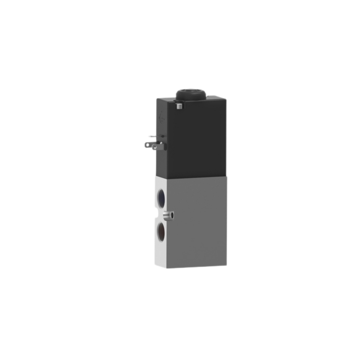 side view of an upright rectangular valve with an aluminum bottom half that has two ports on the left and a black top half that has an electrical plug on the left