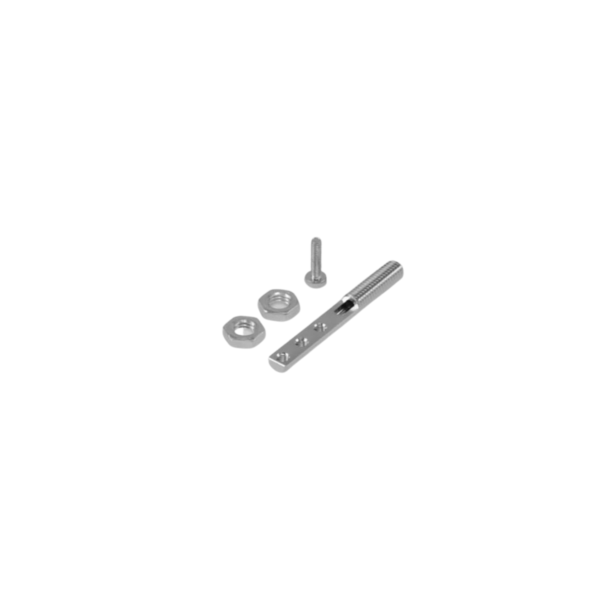 Two hexagon shaped nuts on the left next to an upside down screw with a long thin cylinder shaped mounting piece on the right