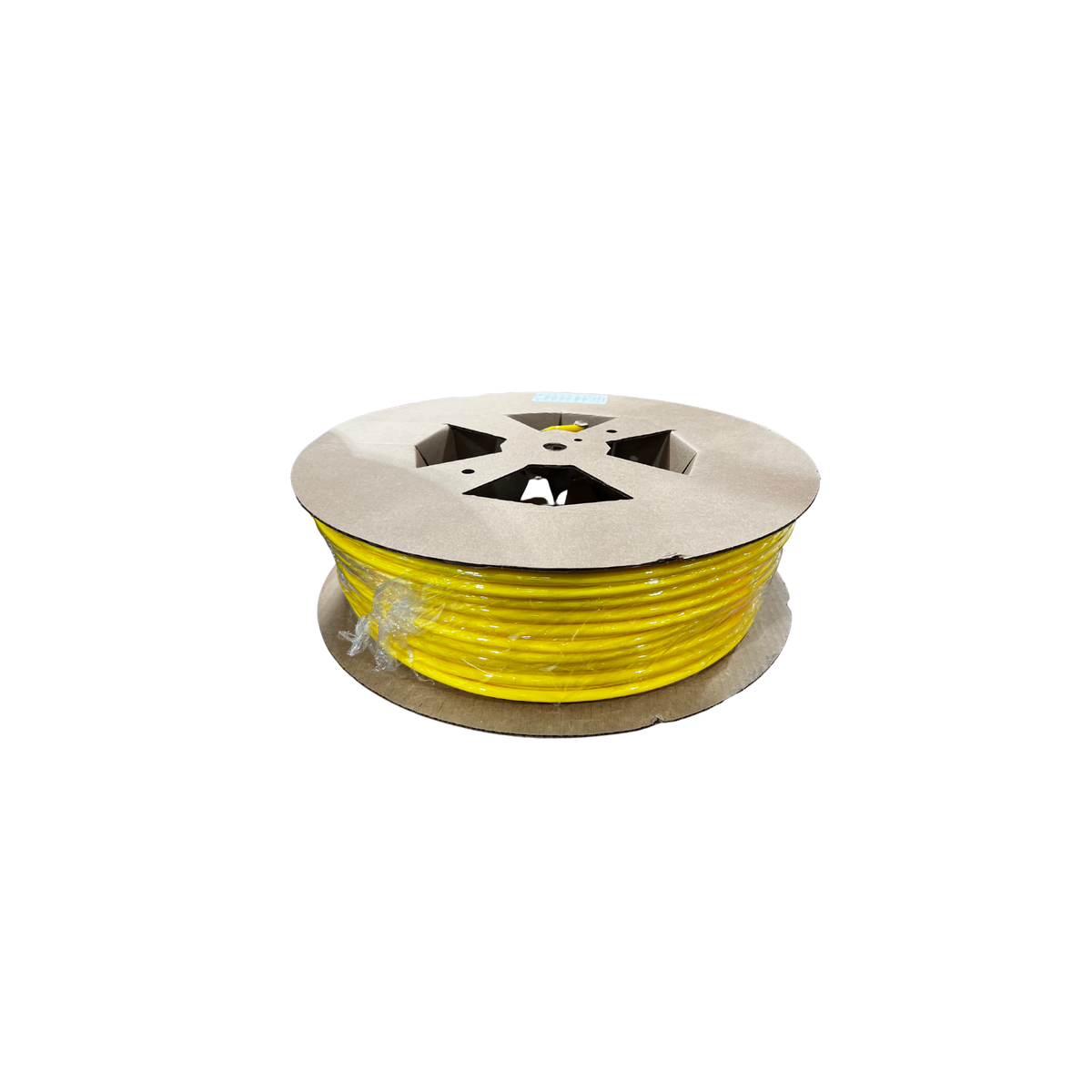Yellow tubing in cardboard reel with plastic wrap securing the tube