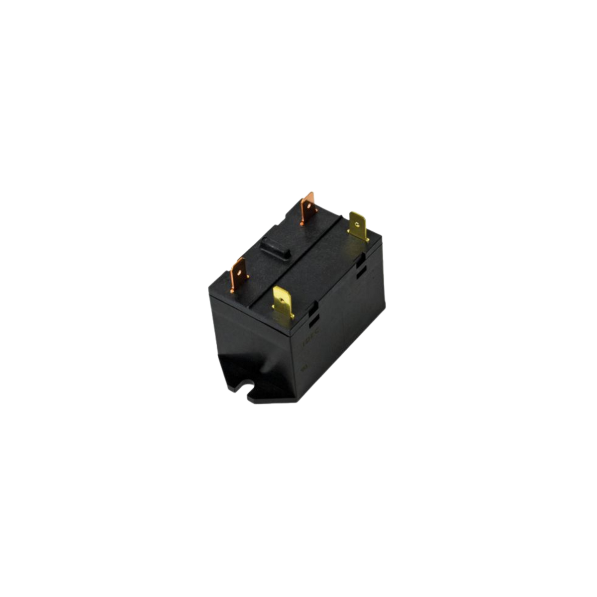 black plastic rectangular relay flange unit with four gold tabs at the top