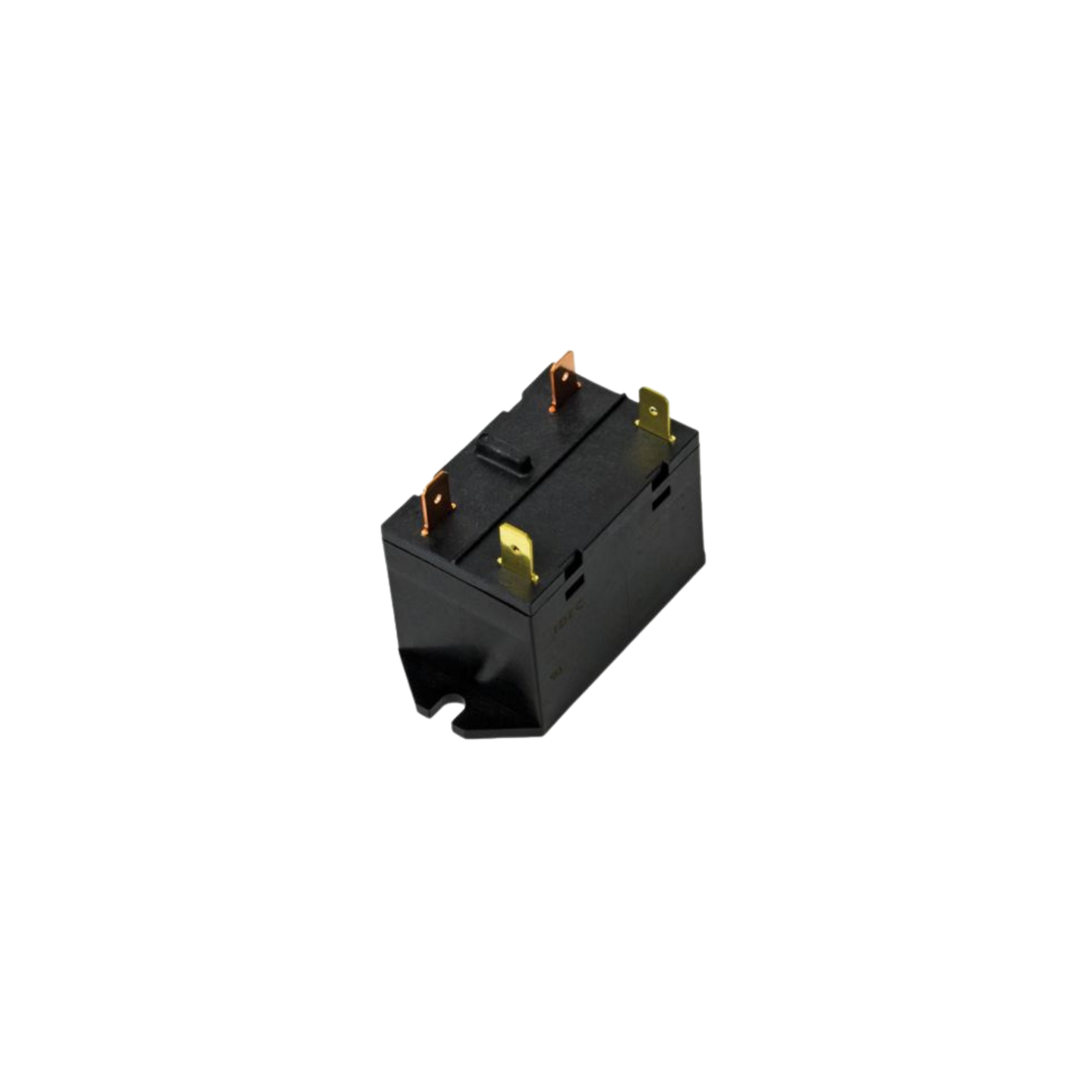 black plastic rectangular relay flange unit with four gold tabs at the top