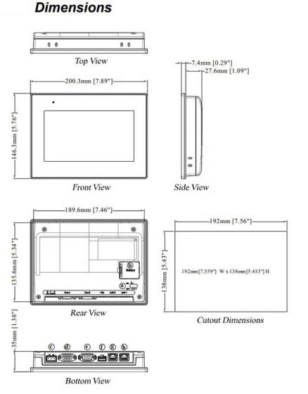 six diagrams of different sides and parts of a display screen